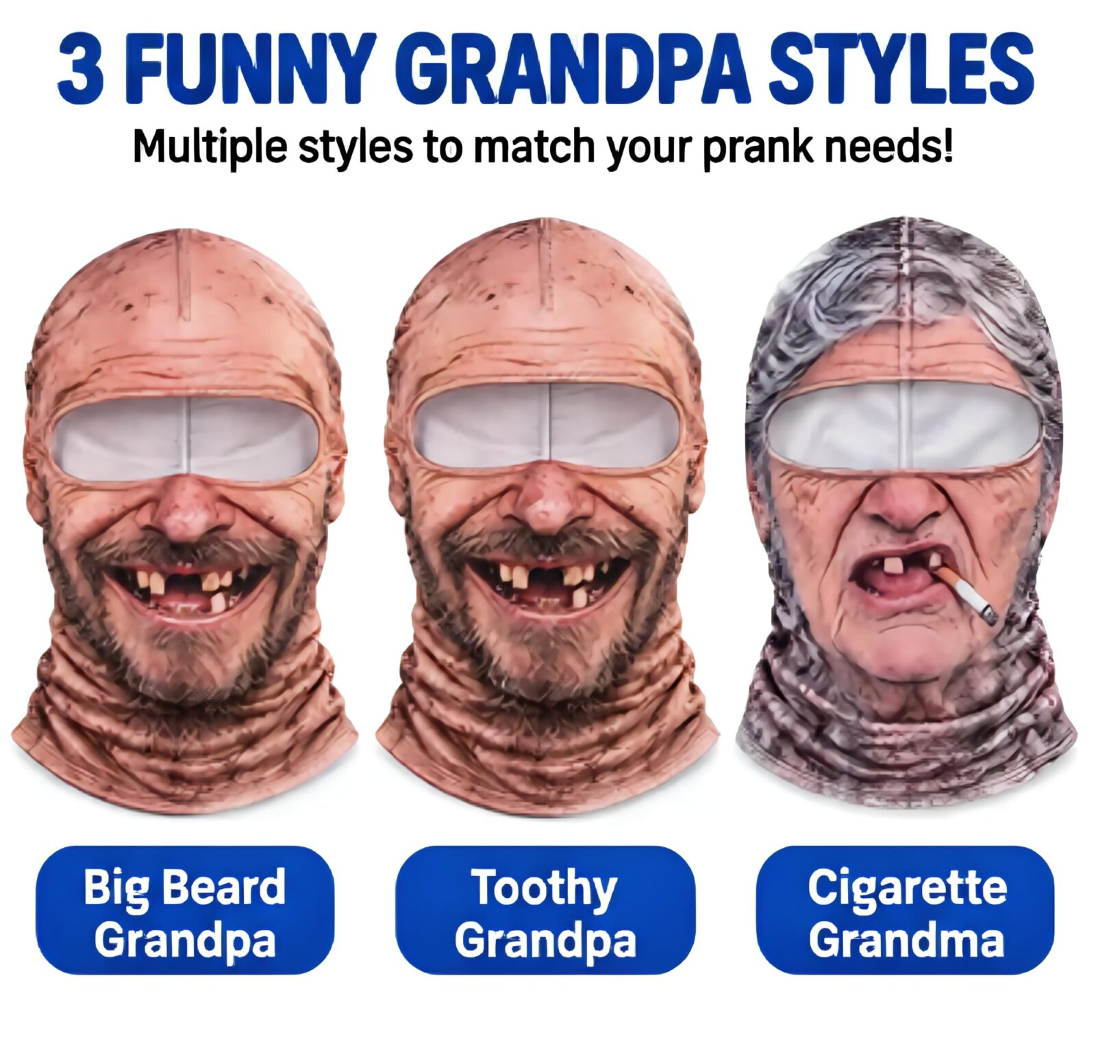 Funny Head Mask | Realistic 3D Printed Full-Face Cover – Sumo Deals 3 Funny Grandpa/Grandma Balaclava Masks: Big Beard, Toothy, And Cigarette Grandma. Polyester For Pranks.