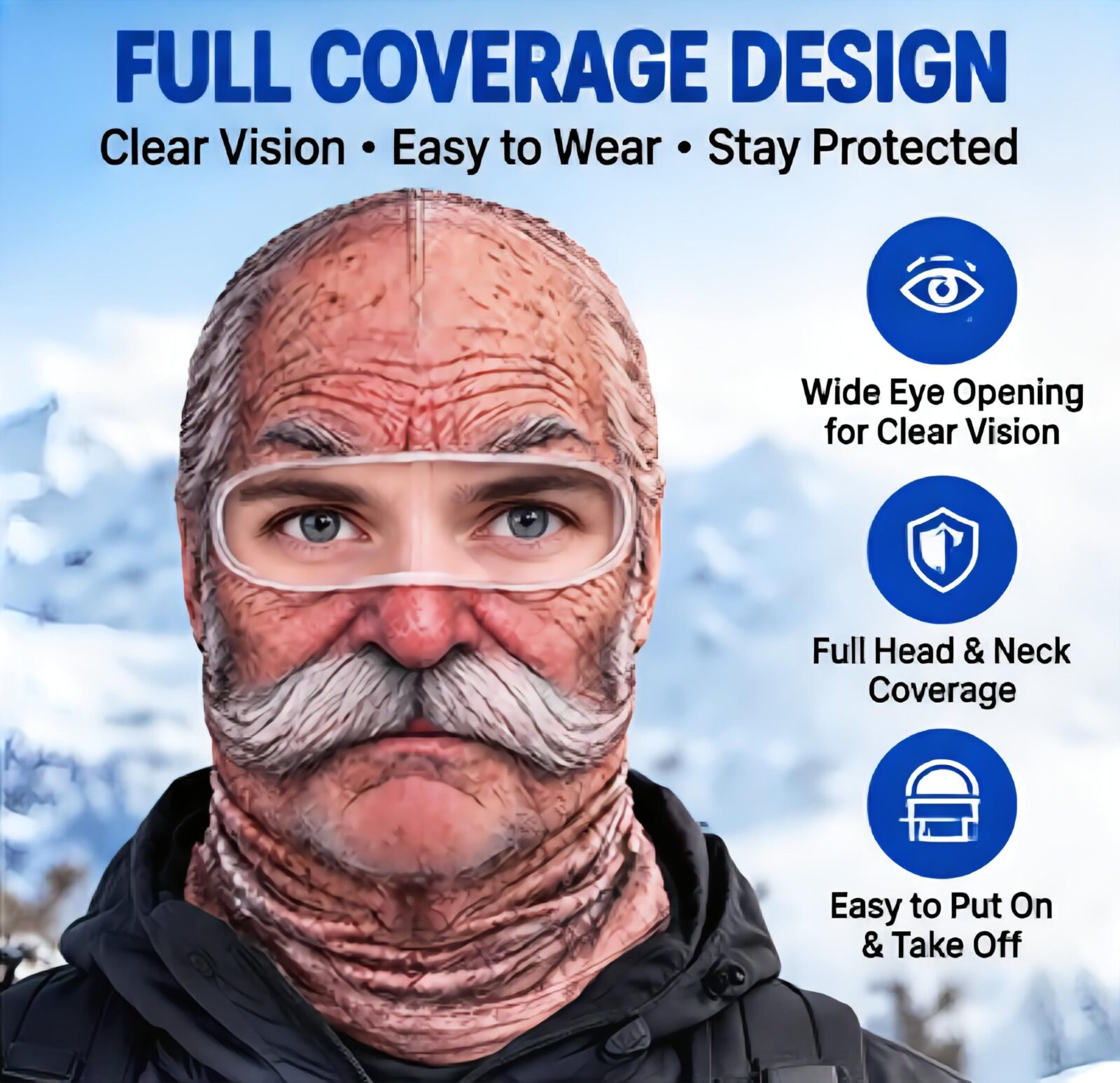 Funny Head Mask | Realistic 3D Printed Full-Face Cover – Sumo Deals Full Coverage Balaclava With Clear Eye Opening, Skin-Toned With White Mustache, For Outdoor Protection.