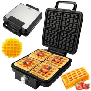 Black and silver stainless steel electric waffle maker with non-stick plates, making four square waffles.