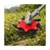 Red metal 6-blade weed trimmer head with black steel blades, attached to a silver shaft, for garden grass cutting.