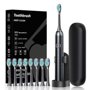 Black electric toothbrush with Dupont bristles, 6 modes, acoustic motor, charging base, travel case, and 8 brush heads.