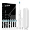White electric toothbrush with Dupont bristles, 6 modes, charging base, travel case, and 7 replacement heads for deep cl