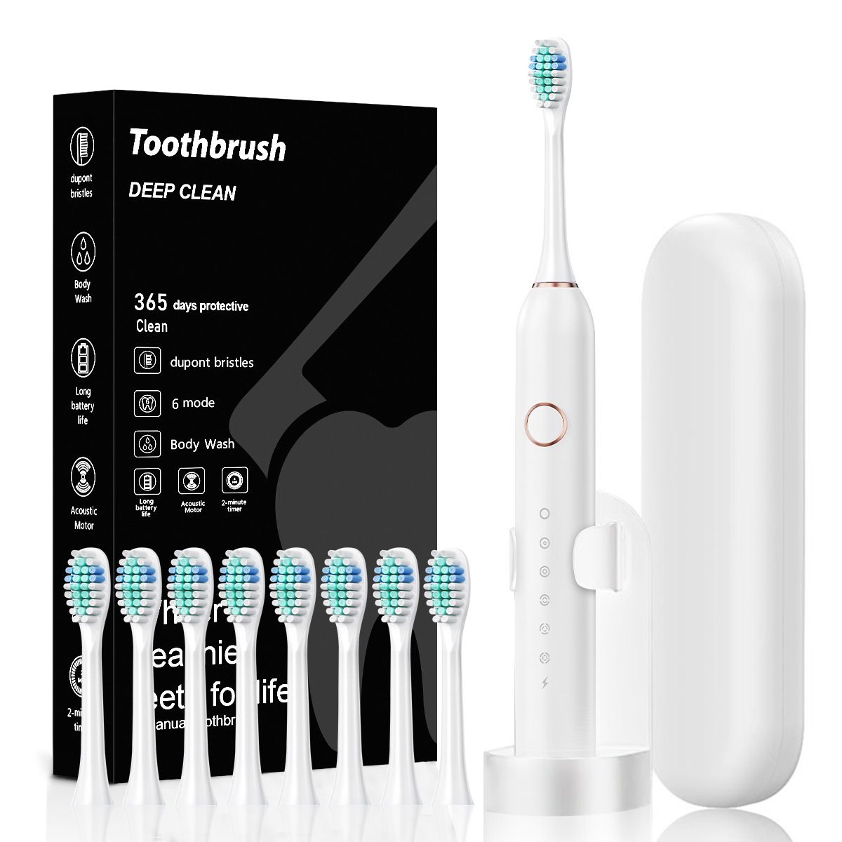 Electric Toothbrush For Adults &Amp; Kids | 180-Day Battery – Sumo Deals White Electric Toothbrush With Dupont Bristles, 6 Modes, Charging Base, Travel Case, And 7 Replacement Heads For Deep Cl
