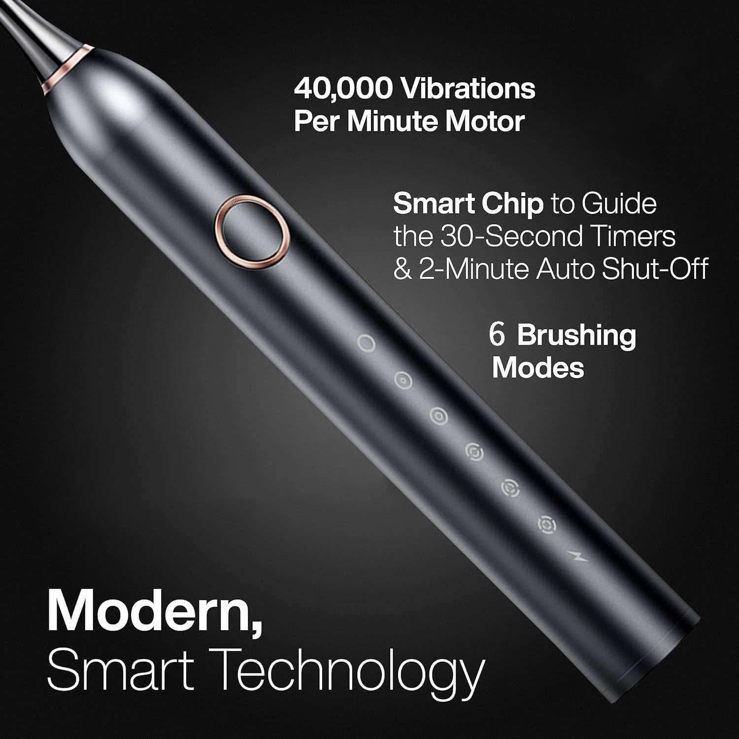 Electric Toothbrush For Adults &Amp; Kids | 180-Day Battery – Sumo Deals Black Smart Electric Toothbrush With Rose Gold Accents, 6 Modes, For Advanced Oral Hygiene.