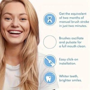 Electric Toothbrush For Adults &Amp; Teens (Pink) – Sumo Deals Happy Woman Smiling, Promoting Electric Toothbrush Features For Whiter Teeth And Efficient Cleaning.