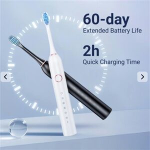 Electric Toothbrushes, White And Black Plastic, With Blue Bristles And Control Buttons, For Oral Hygiene.