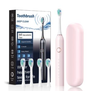Pink electric toothbrush with Dupont bristles, 6 modes, and travel case for deep cleaning and oral hygiene.