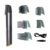 Gray plastic electric hair trimmer with multiple clear plastic guide combs, USB charging cable, and cleaning brush for g