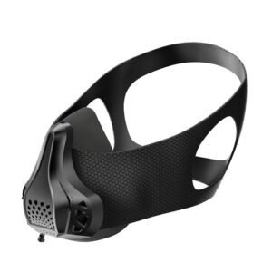 Black silicone training mask with honeycomb texture, perforated front, and adjustable straps for fitness workouts.