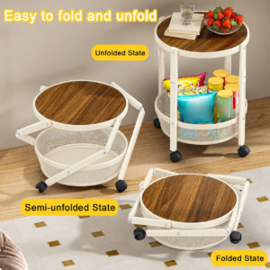 Cream metal & wood foldable rolling cart, shown folded, semi-folded, and unfolded for versatile storage.