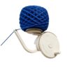 Beige plastic yarn winder with blue yarn ball, for knitting and crochet.