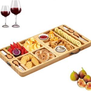 Expandable bamboo charcuterie board with 7 compartments, 4 serving tools, for appetizers & snacks.