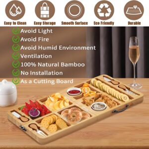 Bamboo Charcuterie Board With Multiple Compartments, Cheese Knives, And Serving Utensils, For Appetizers.