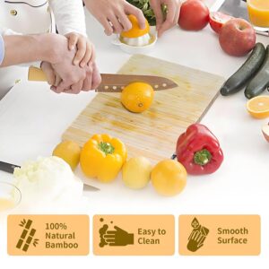 Light Brown Natural Bamboo Cutting Board With Smooth Surface, Used For Chopping Fruits And Vegetables In A Kitchen.