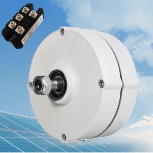 White metal permanent magnet generator with exposed shaft, bearing, and nut, for wind turbine power generation.