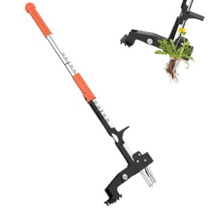 Long-handled stand-up weed puller with orange grip, black plastic head, and silver aluminum shaft for garden weeding.