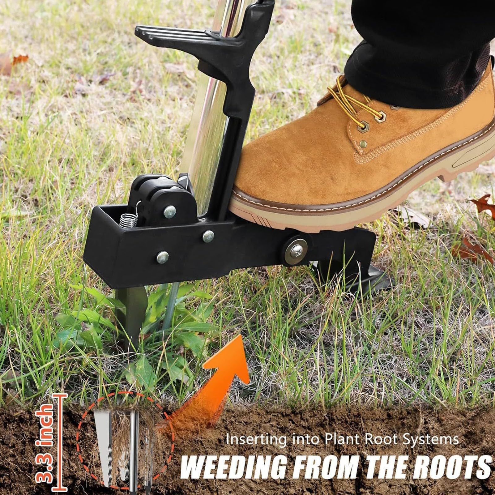 Stand Up Weed Puller | Ergonomic Long Handle Weeder – Sumo Deals Black Plastic And Metal Stand-Up Weed Puller With Foot Pedal, Used For Removing Weeds From Garden Soil.
