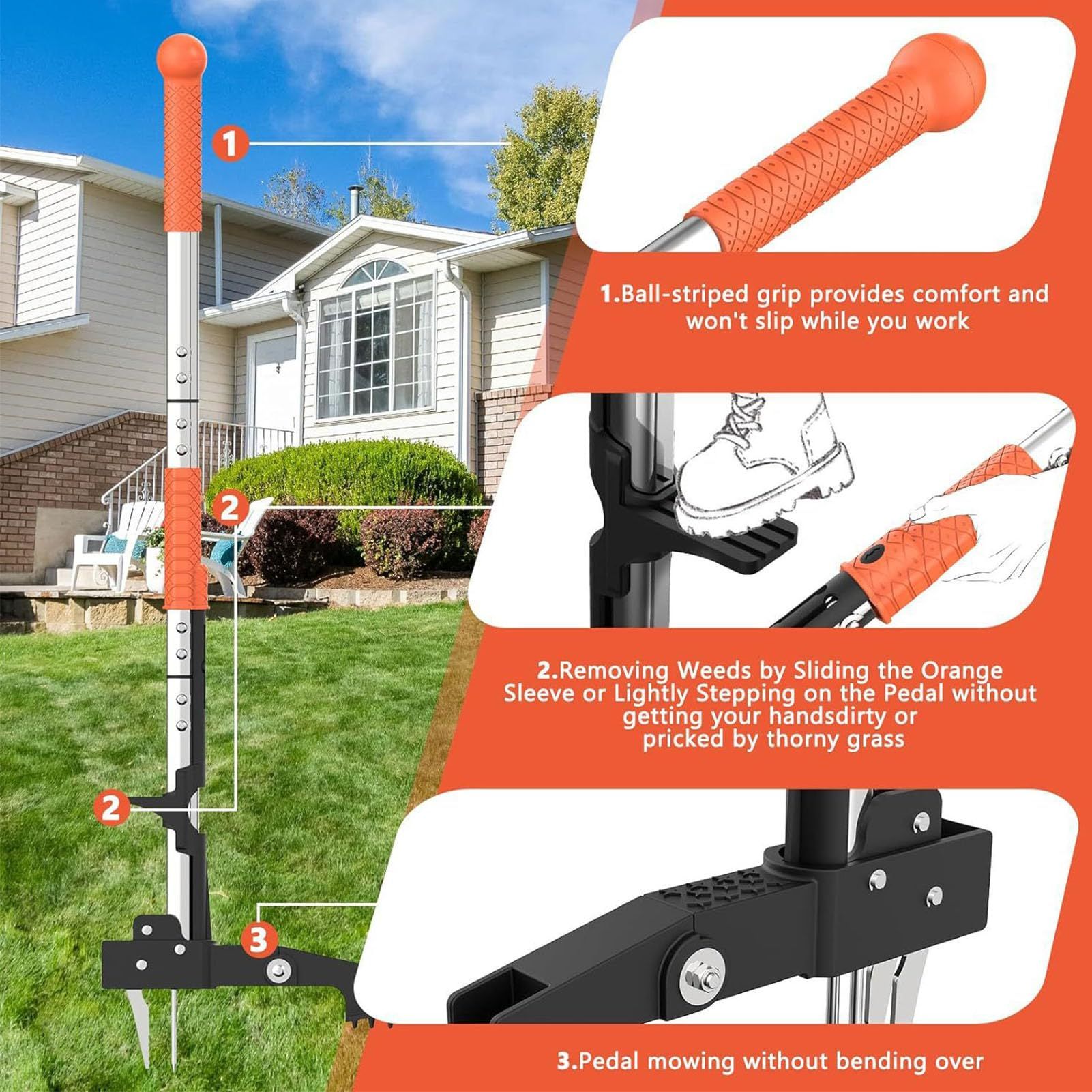 Stand Up Weed Puller | Ergonomic Long Handle Weeder – Sumo Deals Orange And Silver Metal Stand-Up Weed Puller With Textured Grip And Foot Pedal For Easy Weed Removal.