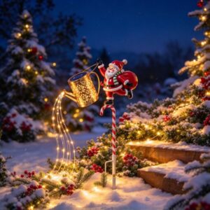 Solar-powered Santa watering can garden stake with LED string lights, red and white candy cane pole, for Christmas decor