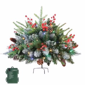 Lighted Artificial Christmas Urn Filler, Pre-lit Xmas Pine Trees with Cones, Golden & Red Berries, T product image