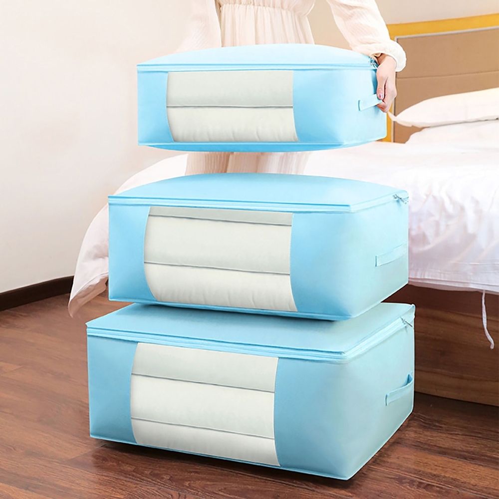 Large Capacity Clothes Storage Bag | Reinforced Handles – Sumo Deals Set Of 3 Light Blue Non-Woven Fabric Storage Bags With Clear Windows And Handles For Bedding Organization.