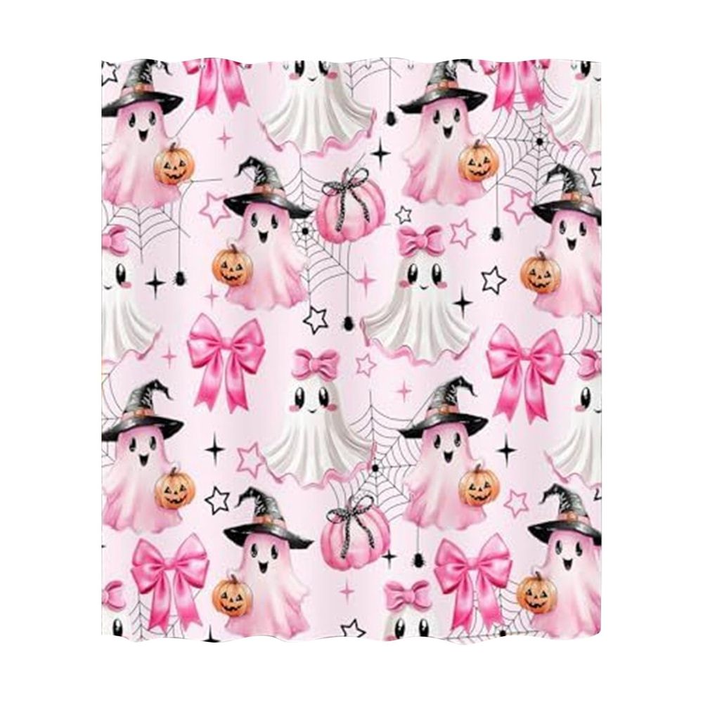 Halloween Pumpkin Shower Curtain For Spooky Bathrooms – Sumo Deals Pink Halloween Ghost Shower Curtain With Witch Hats, Pumpkins, Spiderwebs, And Bows For Bathroom Decor.