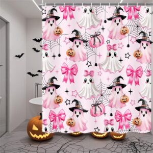 Halloween Pumpkin Shower Curtain For Spooky Bathrooms – Sumo Deals Pink Halloween Ghost Shower Curtain With Witch Hats, Pumpkins, And Bows, Polyester, For Bathroom Decor.
