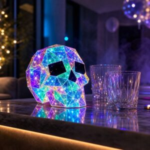 Geometric skull infinity mirror lamp, acrylic, multi-color LED, for party decor or ambient lighting.