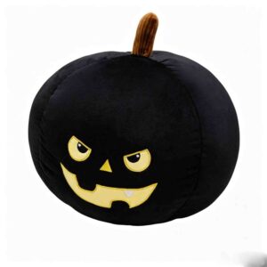 Black plush pumpkin pillow with embroidered yellow jack-o'-lantern face, brown stem, for Halloween decor.