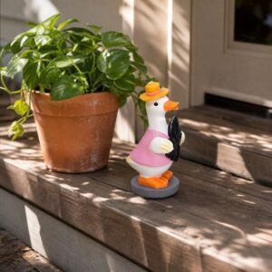 Duck House Garden Statue | Weatherproof Outdoor Decor – Sumo Deals Resin Goose Garden Statue, White/Pink/Orange, Wearing Yellow Hat &Amp; Holding Black Fan, For Outdoor Decor.