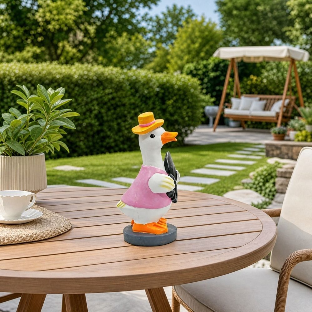 Duck House Garden Statue | Weatherproof Outdoor Decor – Sumo Deals Resin Goose Garden Statue, White With Pink Shirt, Yellow Hat, And Black Umbrella, For Outdoor Patio Decor.