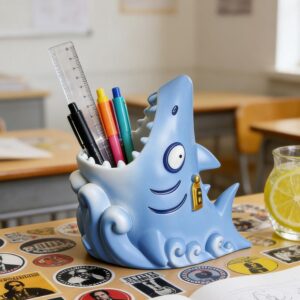 Blue resin shark pen holder with open mouth, white teeth, and gold tag, for desk organization.