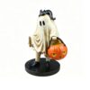 Resin ghost figurine with black cat, holding orange pumpkin basket. Halloween decor.