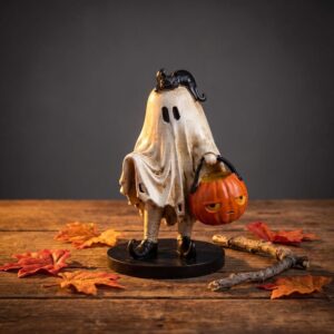 Black Cat Pumpkin Halloween Decor | Hand Painted Resin – Sumo Deals Resin Ghost Figurine With Black Cat, Holding Orange Pumpkin Bucket, For Halloween Decor.