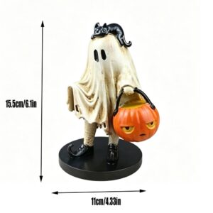 Black Cat Pumpkin Halloween Decor | Hand Painted Resin – Sumo Deals Resin Ghost Figurine With Black Cat, Holding Orange Pumpkin Bucket. Halloween Decor.