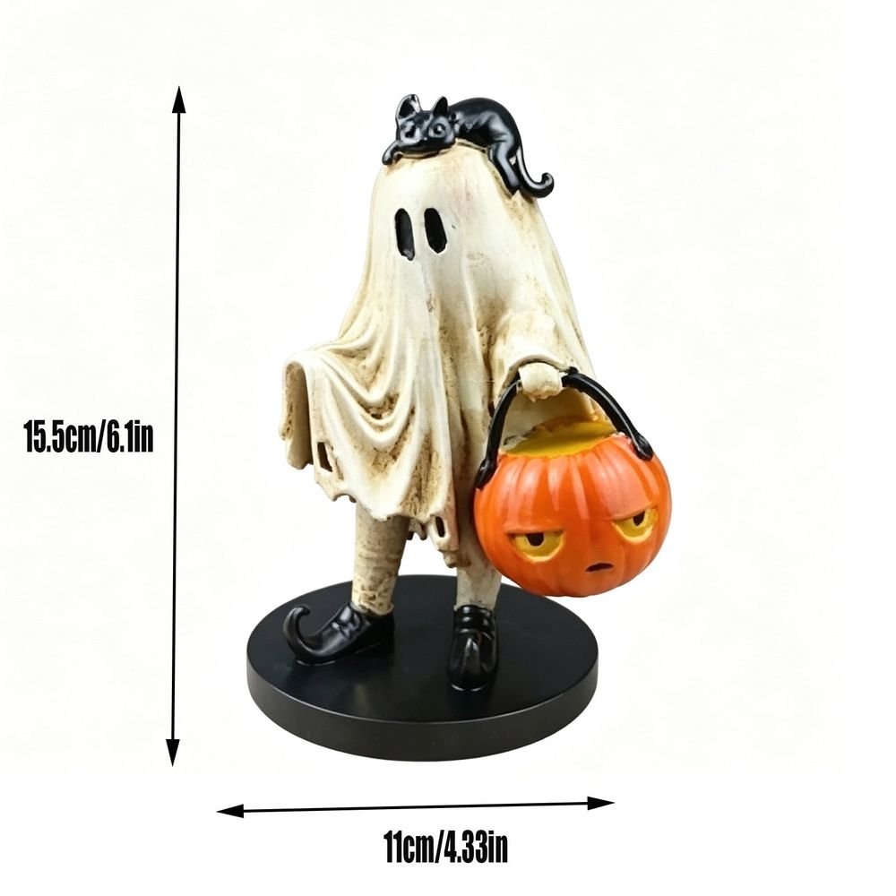 Black Cat Pumpkin Halloween Decor | Hand Painted Resin – Sumo Deals Resin Ghost Figurine With Black Cat, Holding Orange Pumpkin Bucket. Halloween Decor.