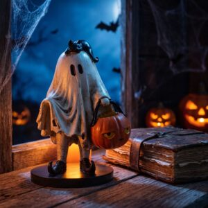 Black Cat Pumpkin Halloween Decor | Hand Painted Resin – Sumo Deals White Ghost Figurine With Black Cat, Holding Orange Pumpkin Bucket, For Halloween Decor.