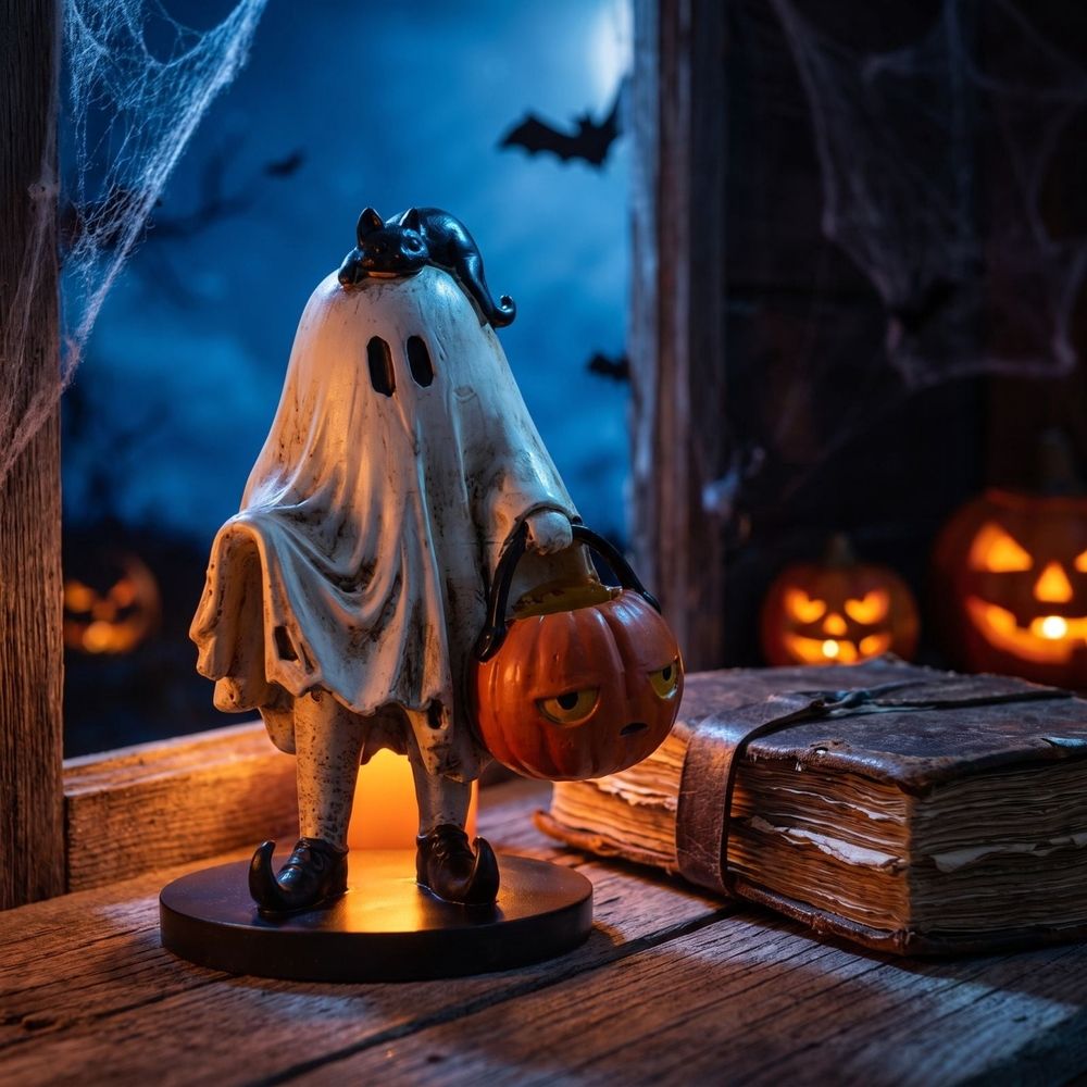 Black Cat Pumpkin Halloween Decor | Hand Painted Resin – Sumo Deals White Ghost Figurine With Black Cat, Holding Orange Pumpkin Bucket, For Halloween Decor.