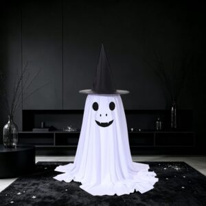 White fabric ghost decoration with black witch hat, smiling face, for Halloween indoor/outdoor decor.