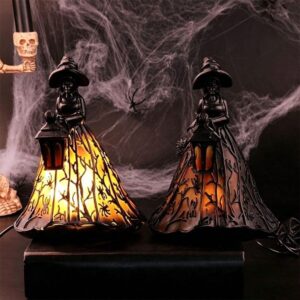 Witch Ghost Led Desktop Light | Spooky Halloween Decor – Sumo Deals Black Resin Witch Figurine Lamps With Glowing Orange Spiderweb Skirts, Holding Lanterns, For Halloween Decor.
