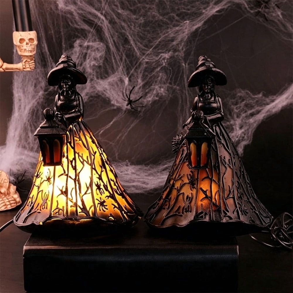 Witch Ghost Led Desktop Light | Spooky Halloween Decor – Sumo Deals Black Resin Witch Figurine Lamps With Glowing Orange Spiderweb Skirts, Holding Lanterns, For Halloween Decor.