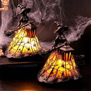 Witch Ghost Led Desktop Light | Spooky Halloween Decor – Sumo Deals Halloween Witch Table Lamp With Broom And Lantern, Black Metal, Glowing Orange Light, Spider Web Design.