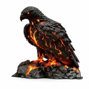 Black lava eagle statue, glowing orange cracks, resin, dark rock base, fantasy decor.
