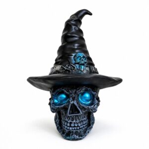 Resin skull figurine, black witch hat with blue skull, glowing blue eyes. Halloween decor.