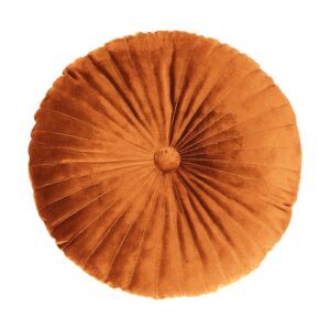 Round burnt orange velvet tufted cushion, decorative throw pillow for sofa or bed.