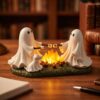 White Resin Ghost Campfire Figurine With Led Light, Perfect For Halloween Decor Or Spooky Ambiance.