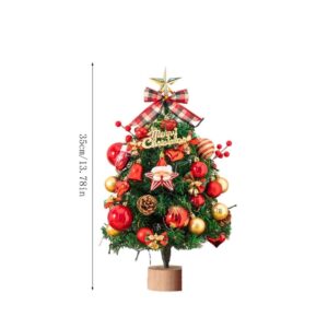 35Cm Artificial Green Christmas Tree With Red/Gold Ornaments, Star Topper, And Wooden Base For Holiday Decor.