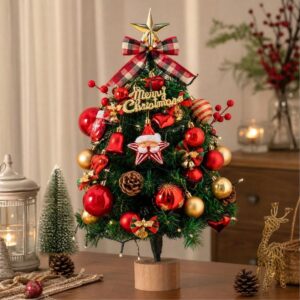 Miniature Artificial Christmas Tree, Green Plastic, With Red/Gold Ornaments, Lights, And Wooden Base For Tabletop Decor.