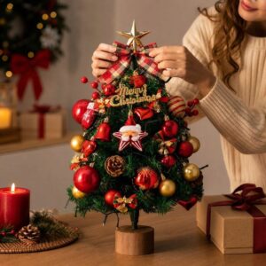Miniature Artificial Green Christmas Tree With Red &Amp; Gold Ornaments, Star Topper, Plaid Bow, And Wooden Base For Tableto