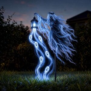 Halloween ghost yard stake with blue LED lights, holding a lantern with glowing ghost figures.